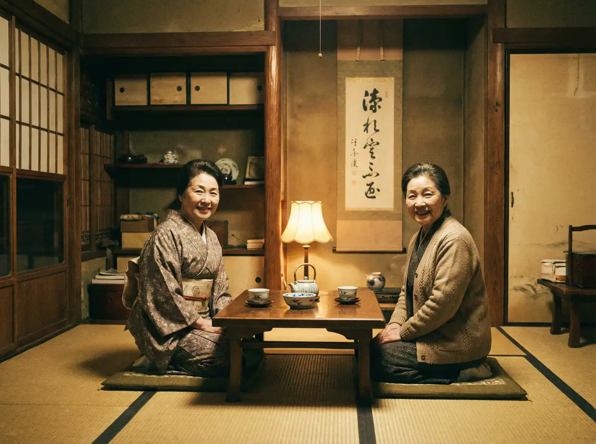 两位优雅的 星空传媒 在日式茶室中品茶交谈